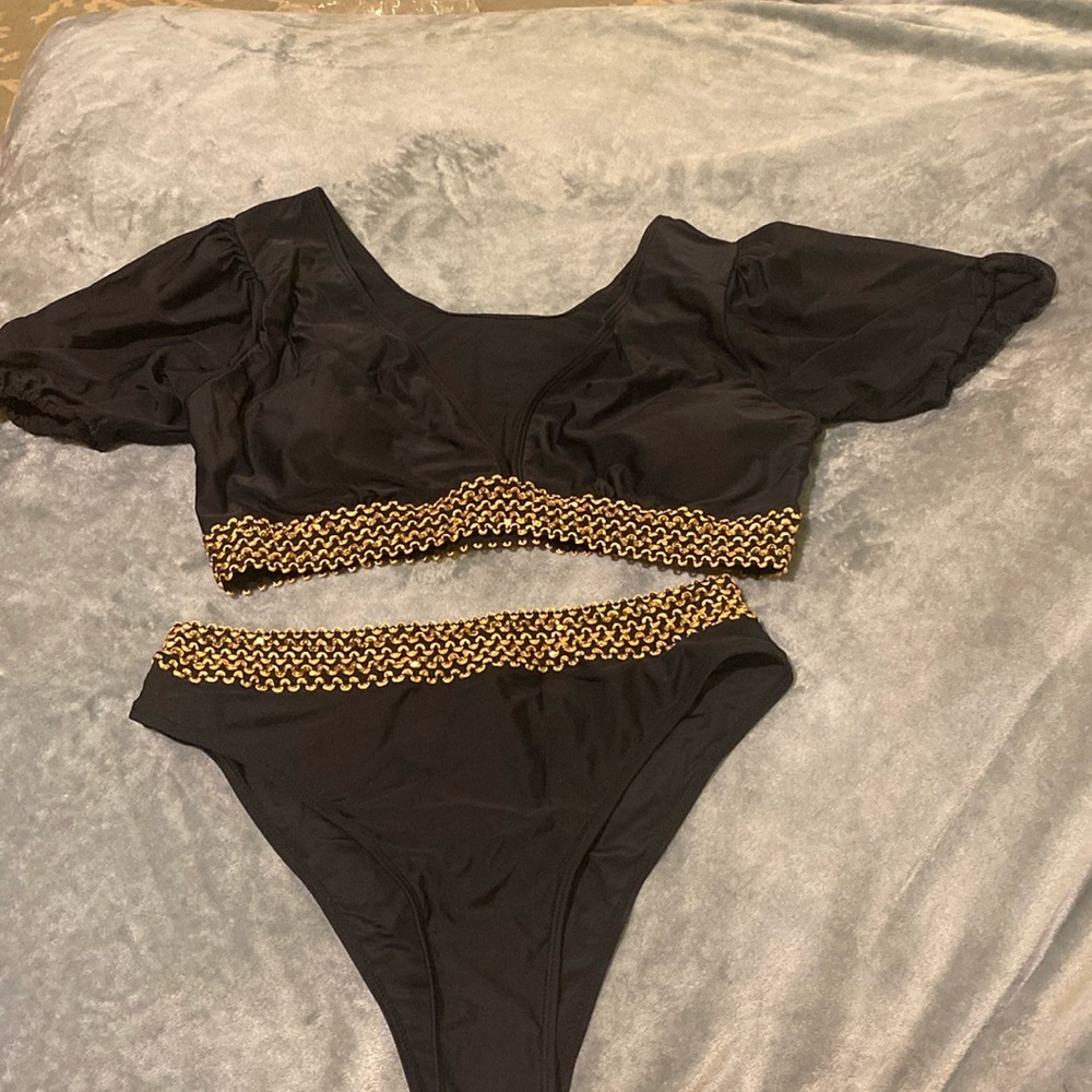Bikini, Puff sleeve, gold sequins/ gold piping, med coverage bottoms, XL, NWOT